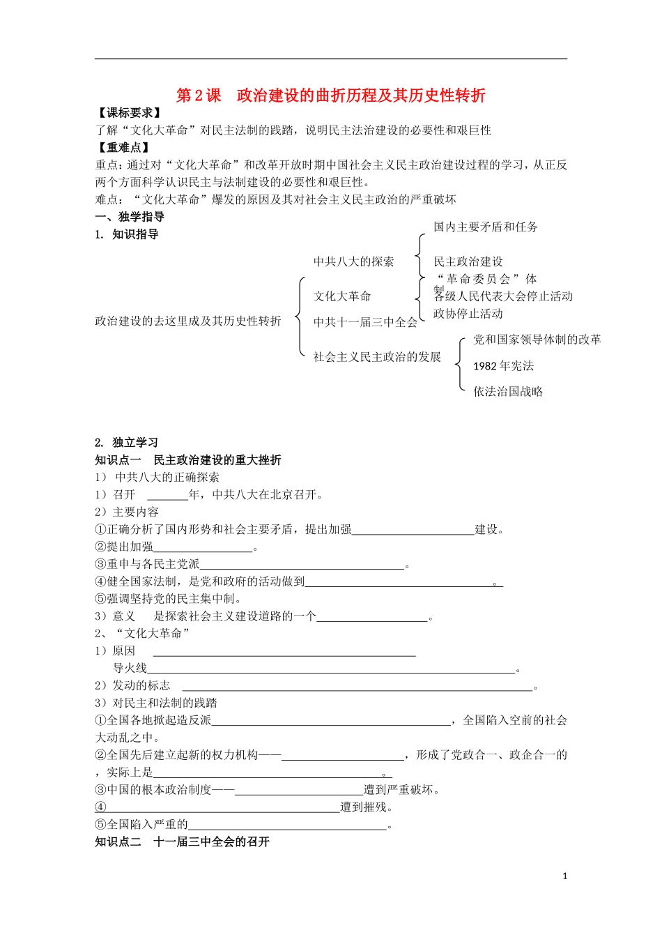 重庆市江津五中高中历史 专题四《第2课 政治建设的曲折历程及其历史性转折》复习教案 人民版必修1_第1页