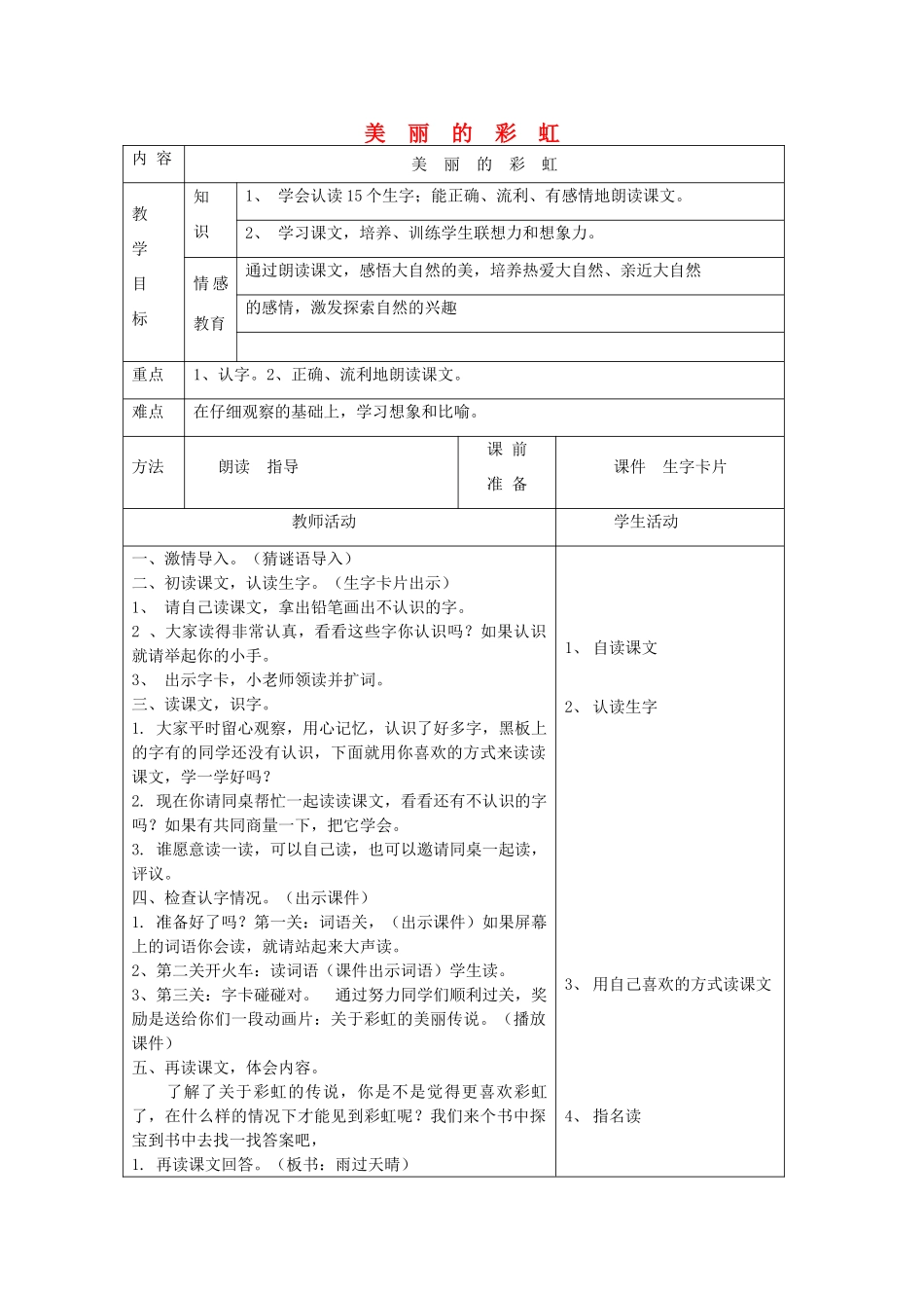 一年级语文下册 10 雨 美丽的彩虹（第1课时）教案 北师大版-北师大版小学一年级下册语文教案_第1页
