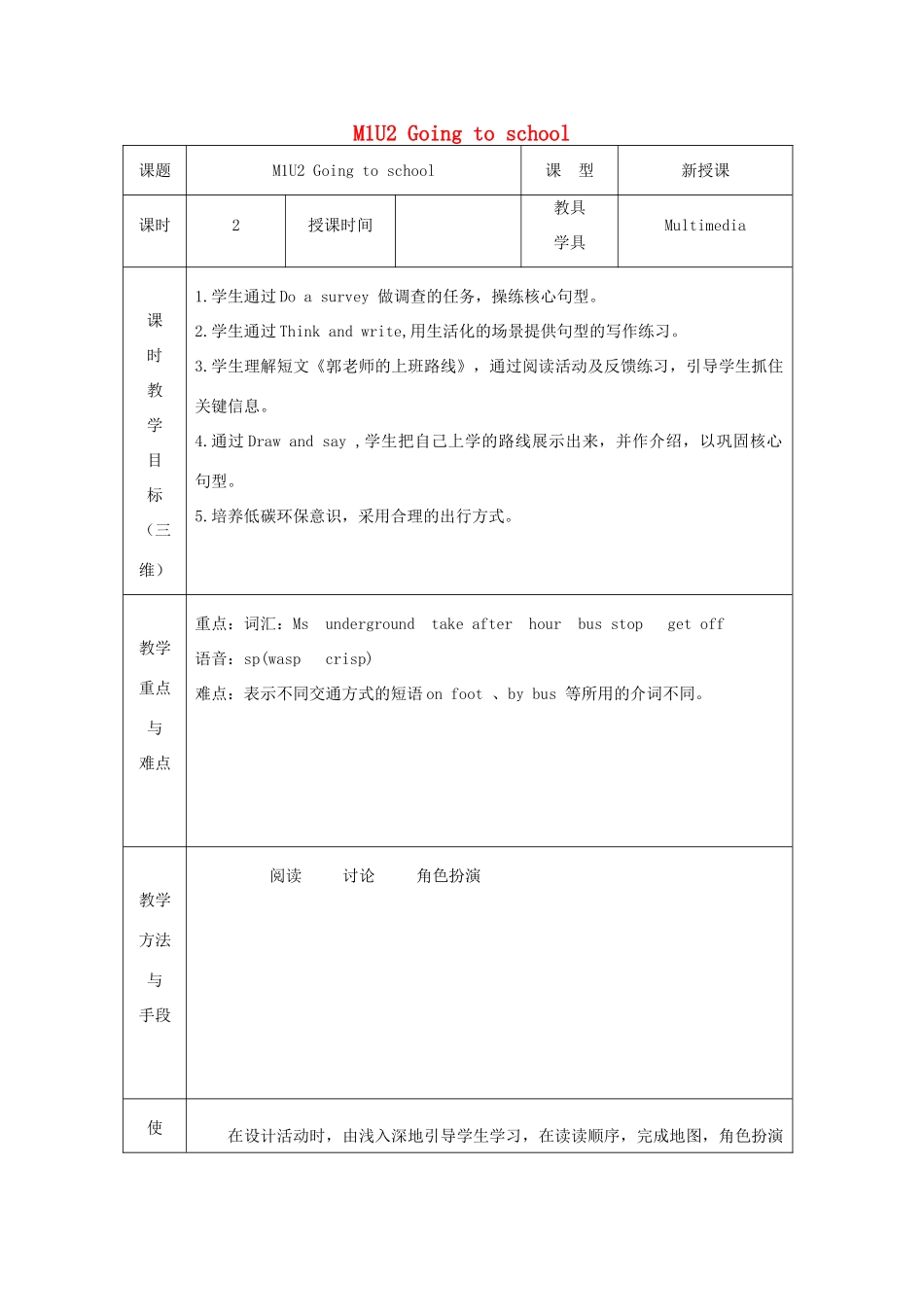 五年级英语上册 Module 1 Getting to know each other Unit 2 Going to school教案 沪教牛津版（三起）-牛津版小学五年级上册英语教案_第1页