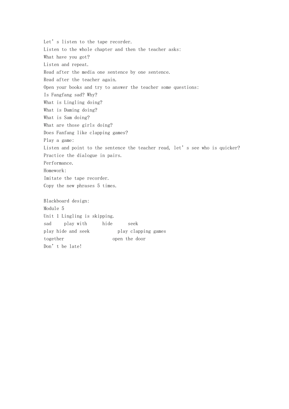 二年级英语下册 Module 5 Unit 1 Lingling is skipping教案设计 外研版（一起）-外研版小学二年级下册英语教案_第2页