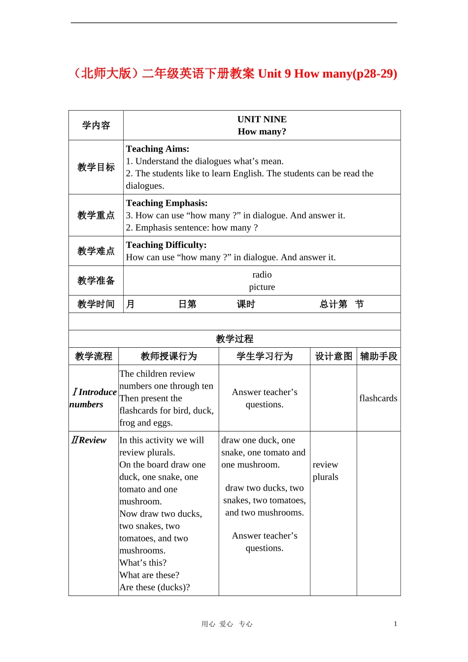 二年级英语下册 Unit 9 How many(p28-29)教案 北师大版_第1页