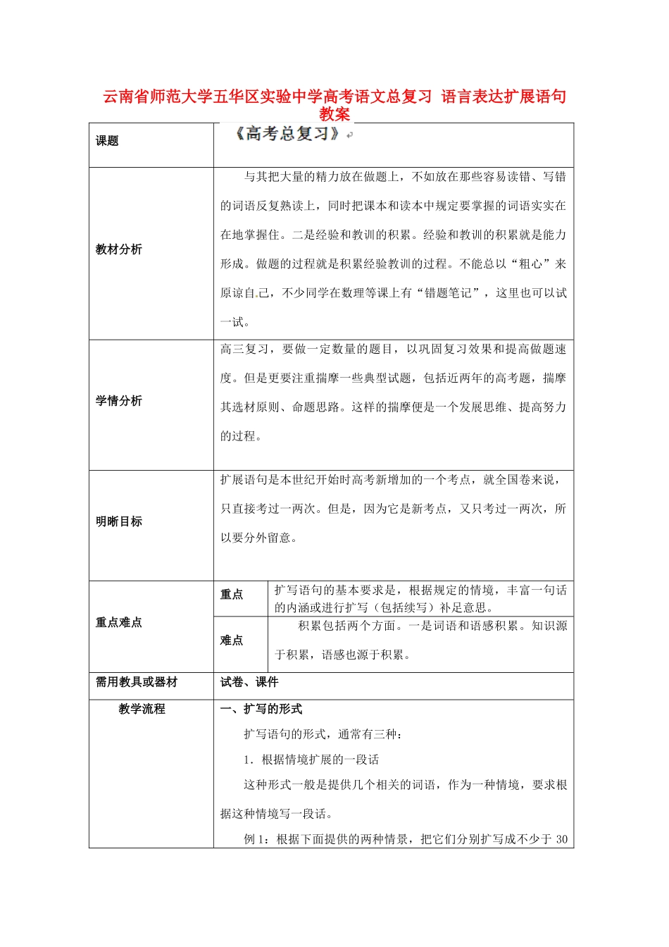云南省师范大学五华区实验中学高考语文总复习 语言表达扩展语句教案_第1页