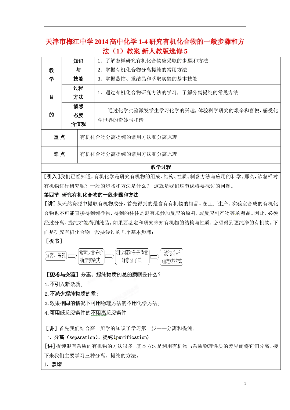 天津市梅江中学2014高中化学 1-4研究有机化合物的一般步骤和方法（1）教案 新人教版选修5_第1页