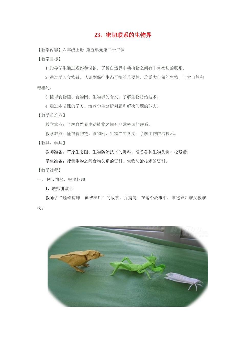 六年级科学上册 第5单元 23 密切联系的生物界教案8 青岛版_第1页