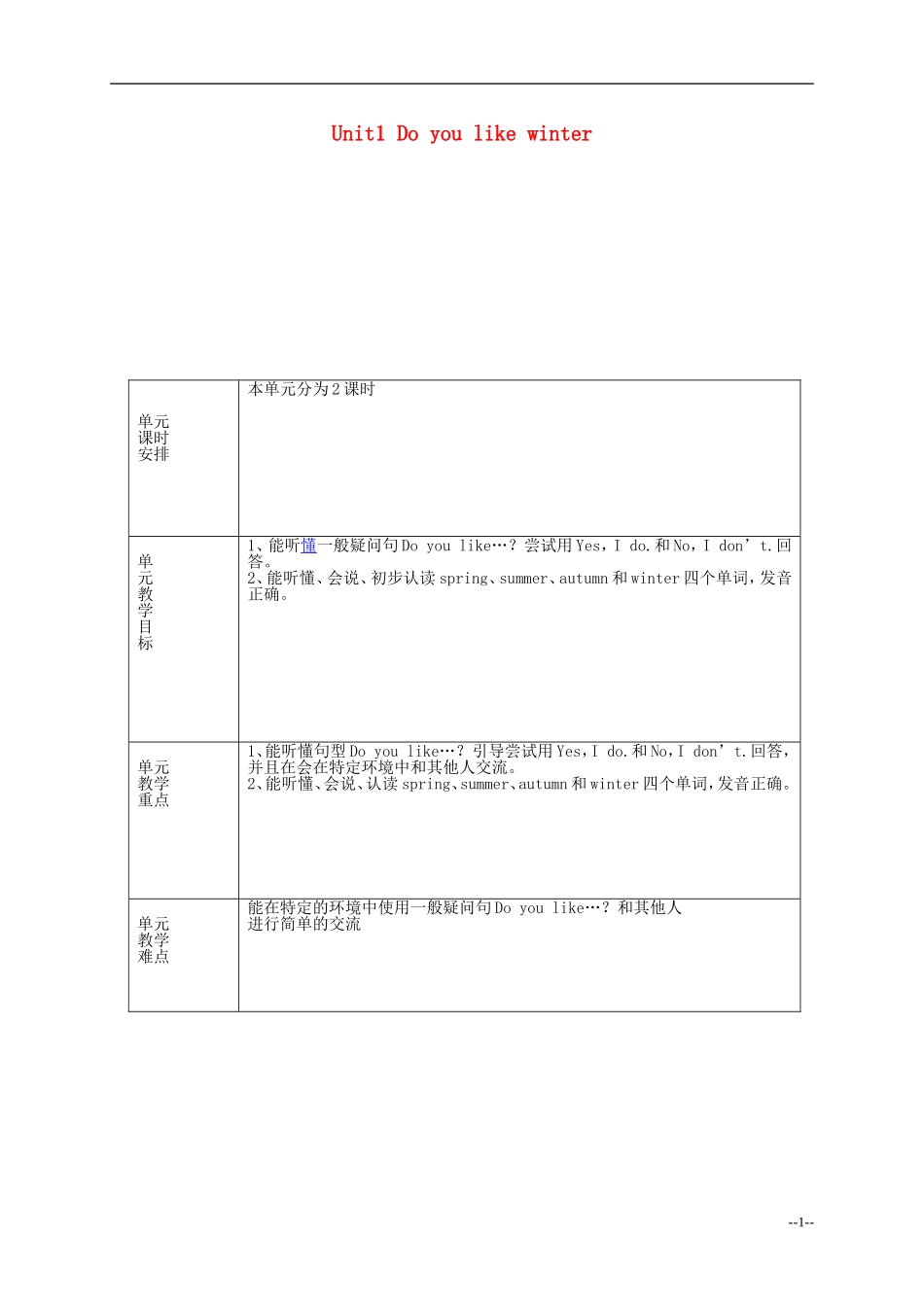 二年级英语下册Unit1 Do you like winter电子备课单元教案 苏教牛津版_第1页