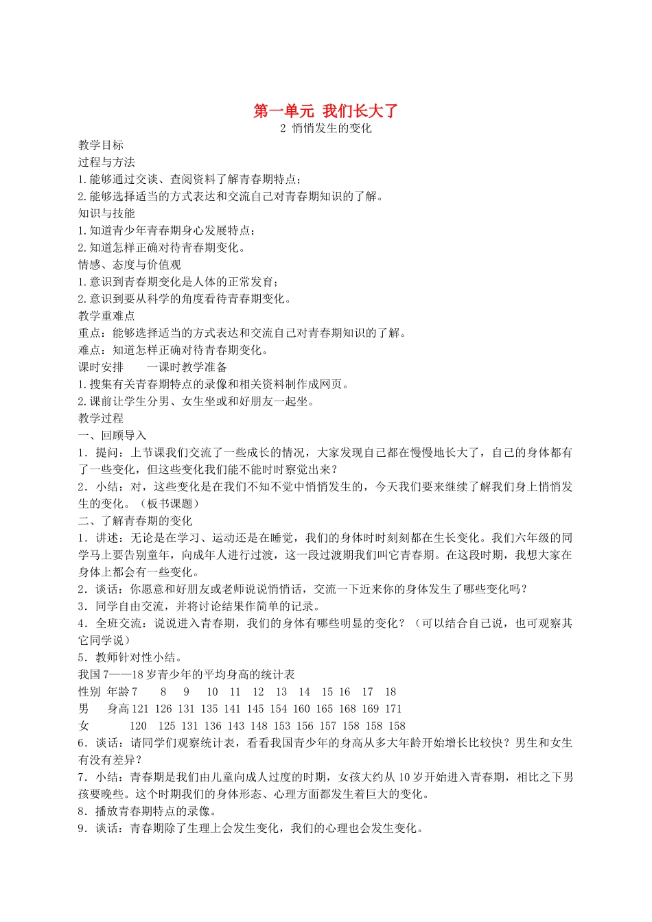 六年级科学下册 悄悄发生的变化1教案 苏教版_第1页