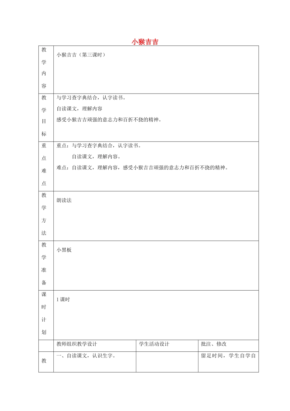 二年级语文上册 小猴吉吉（第三课时）教案 北师大版-北师大版小学二年级上册语文教案_第1页