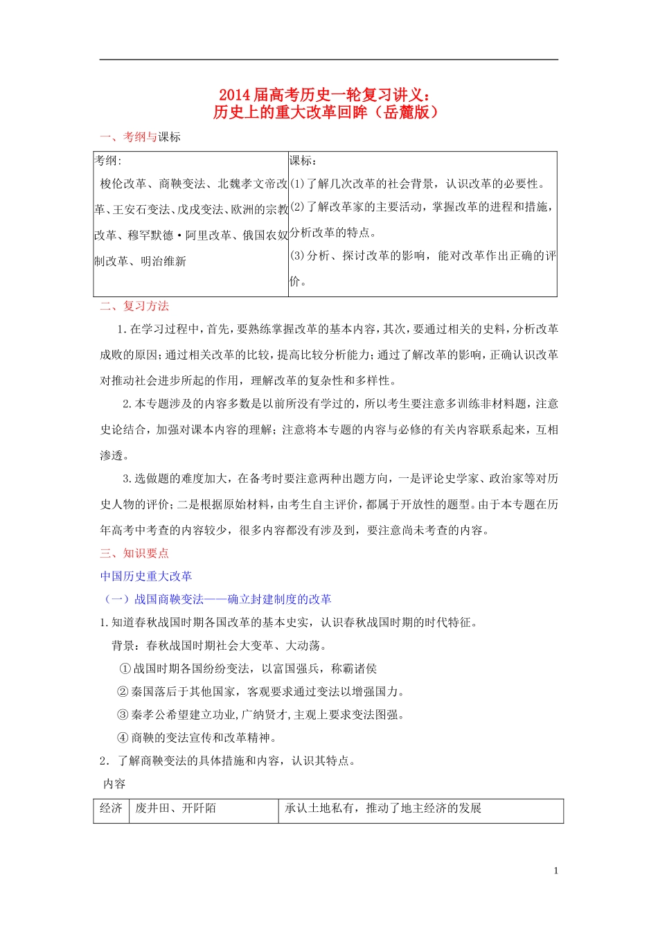 2014届高考历史一轮复习讲义 历史上的重大改革回眸 岳麓版_第1页