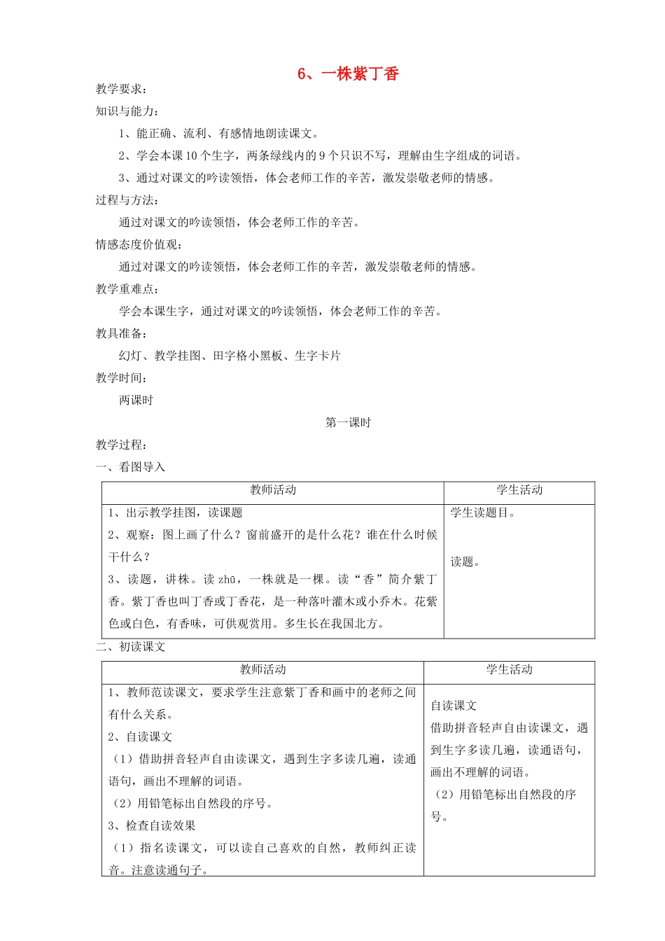 二年级语文上册 6 一株紫丁香教案 苏教版-苏教版小学二年级上册语文教案_第1页