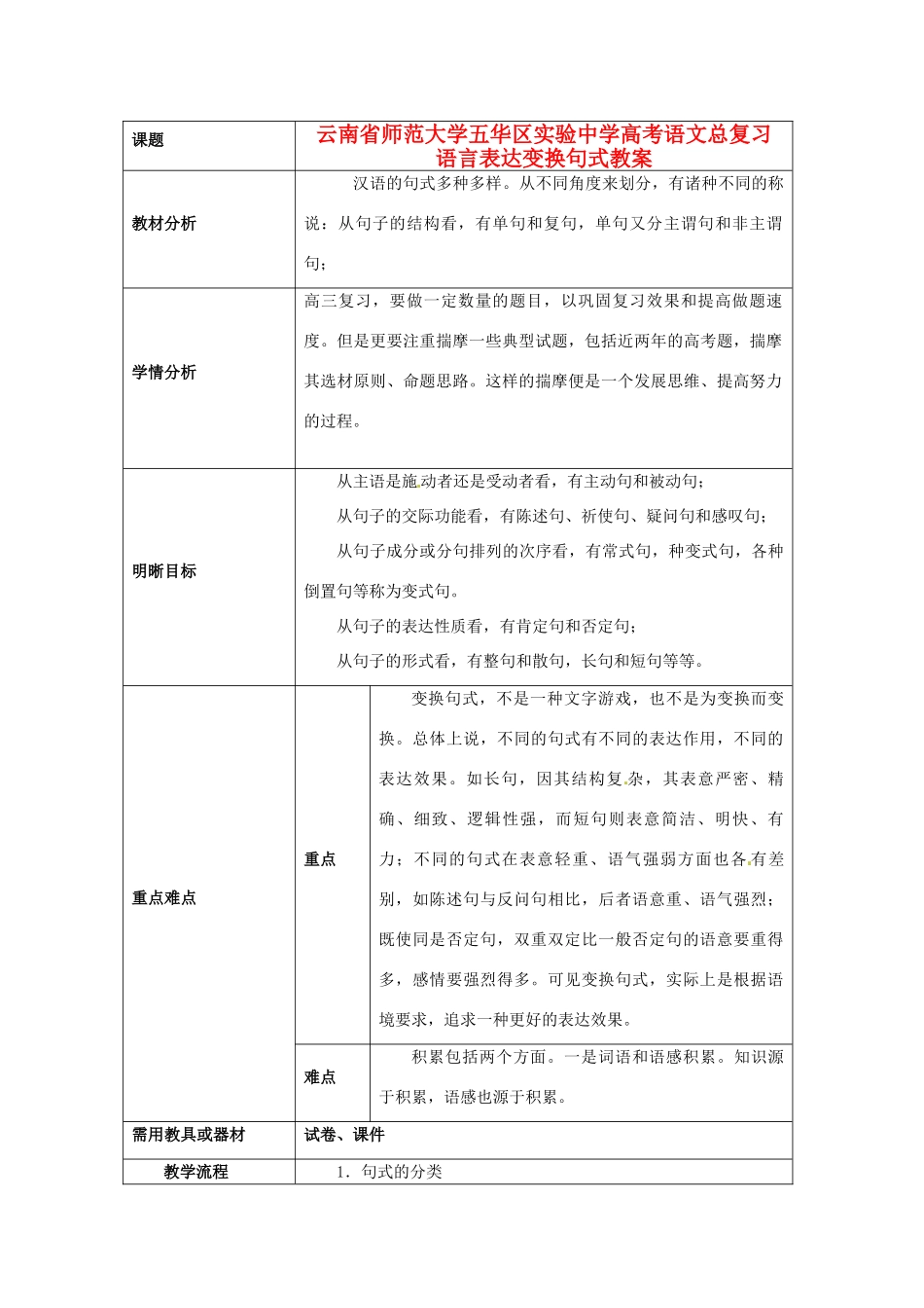 云南省师范大学五华区实验中学高考语文总复习 语言表达变换句式教案_第1页