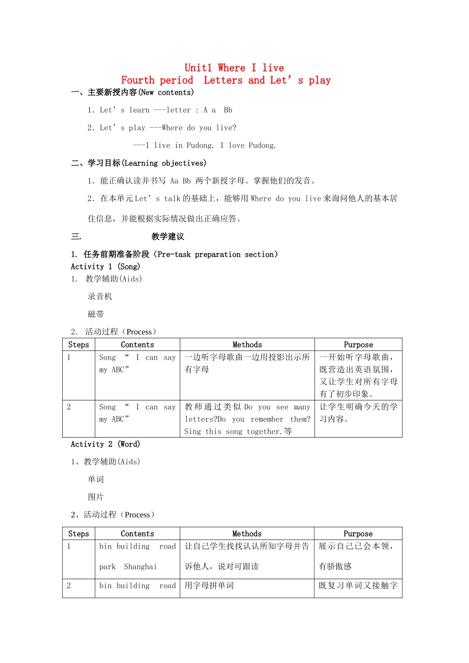 二年级英语上册 Unit 1 where I live教案（4） 沪教牛津版-沪教牛津版小学二年级上册英语教案_第1页