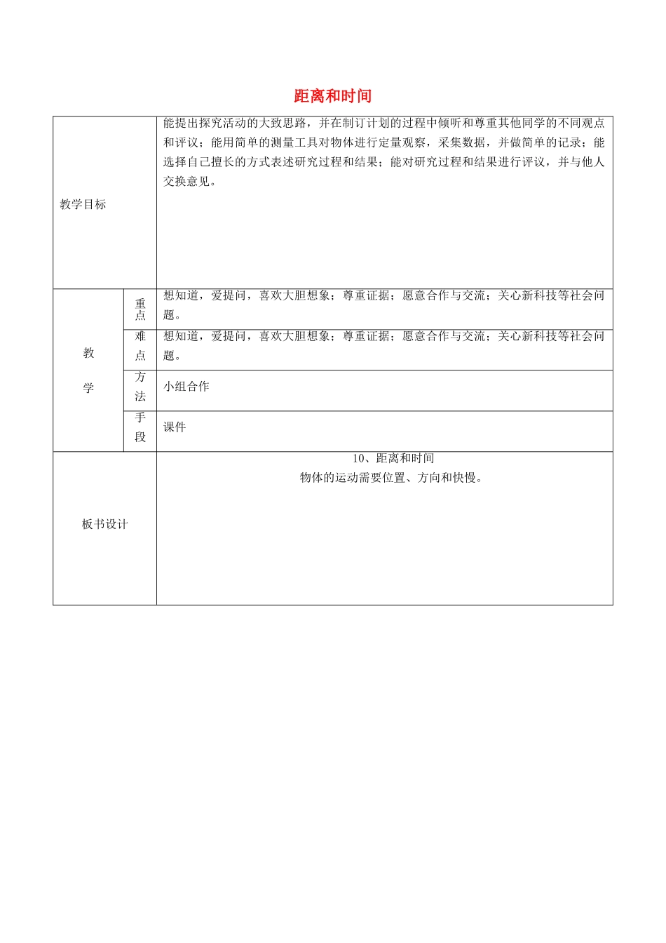 六年级科学上册 第3单元 10 距离和时间课时教案6 青岛版_第1页
