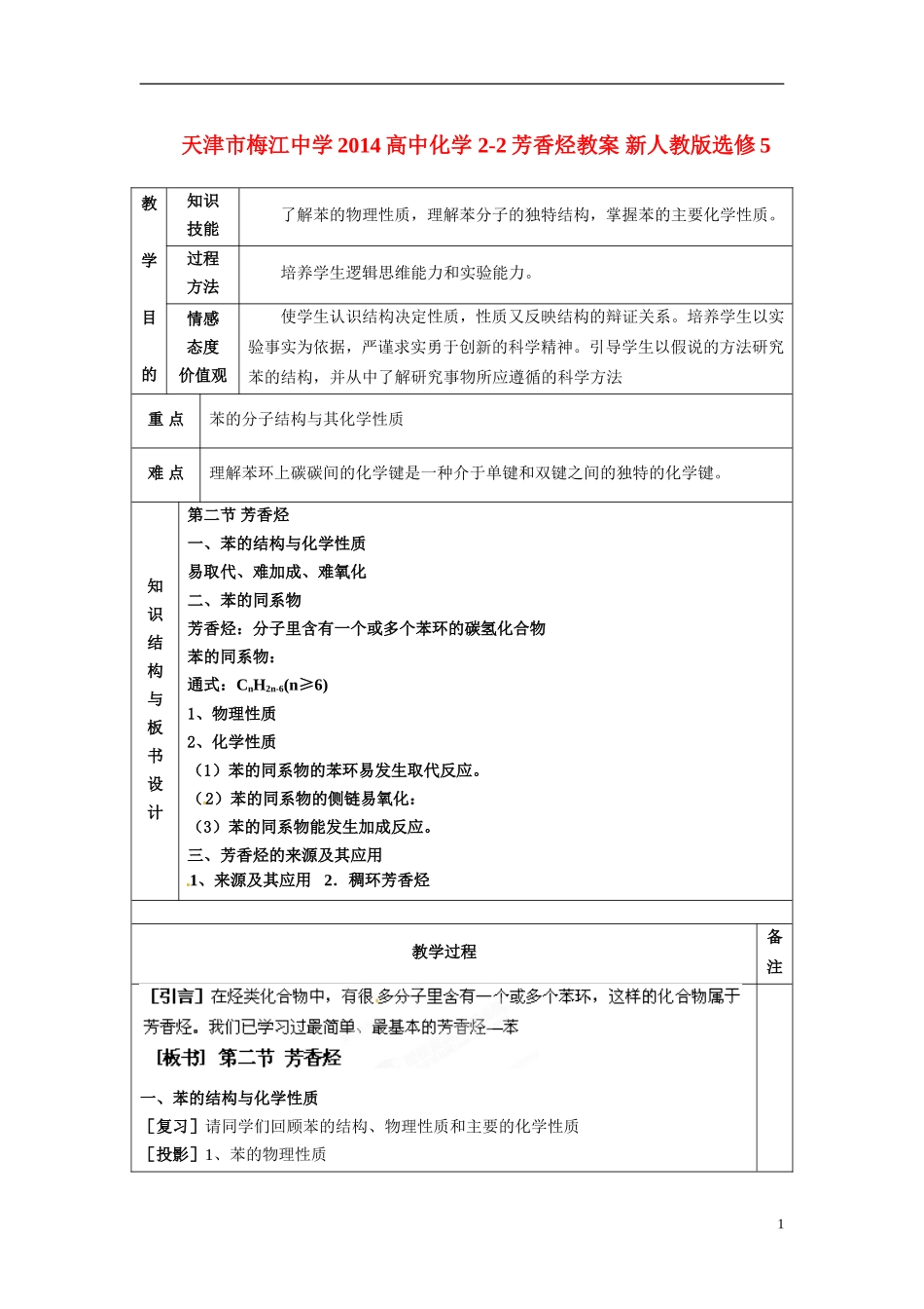 天津市梅江中学2014高中化学 2-2芳香烃教案 新人教版选修5_第1页