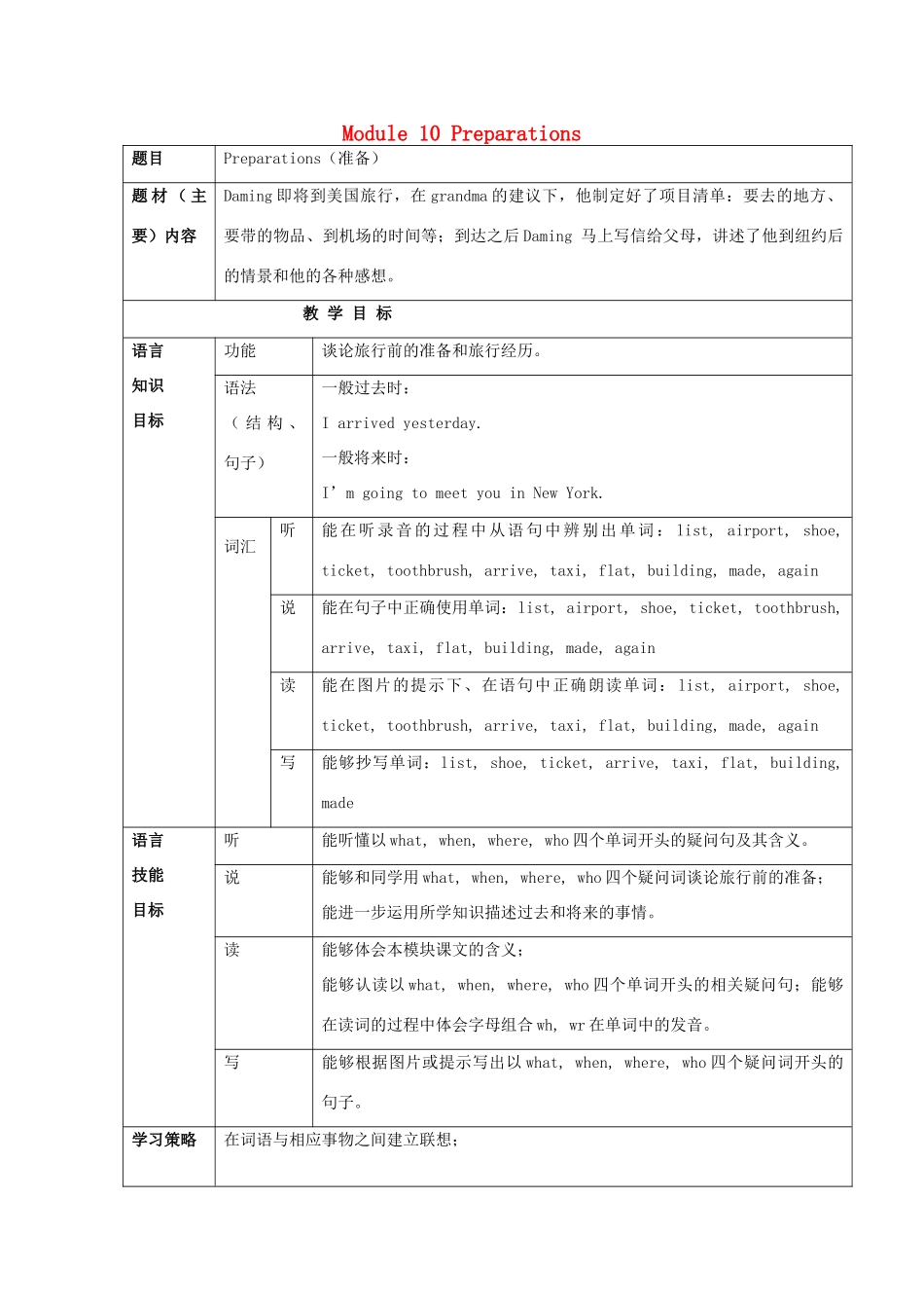 五年级英语下册 Module 10 Preparations教案 外研版（三起）-外研版小学五年级下册英语教案_第1页