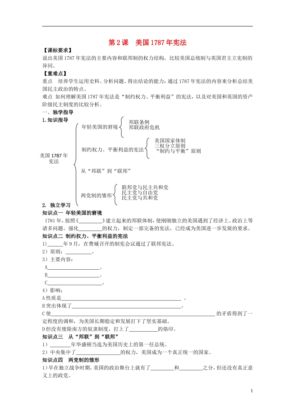 重庆市江津五中高中历史 专题七《第2课 美国1787年宪法》复习教案 人民版必修1_第1页