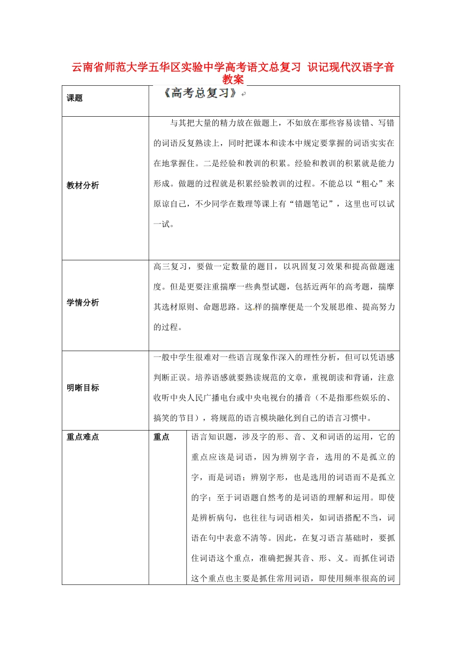 云南省师范大学五华区实验中学高考语文总复习 识记现代汉语字音教案_第1页