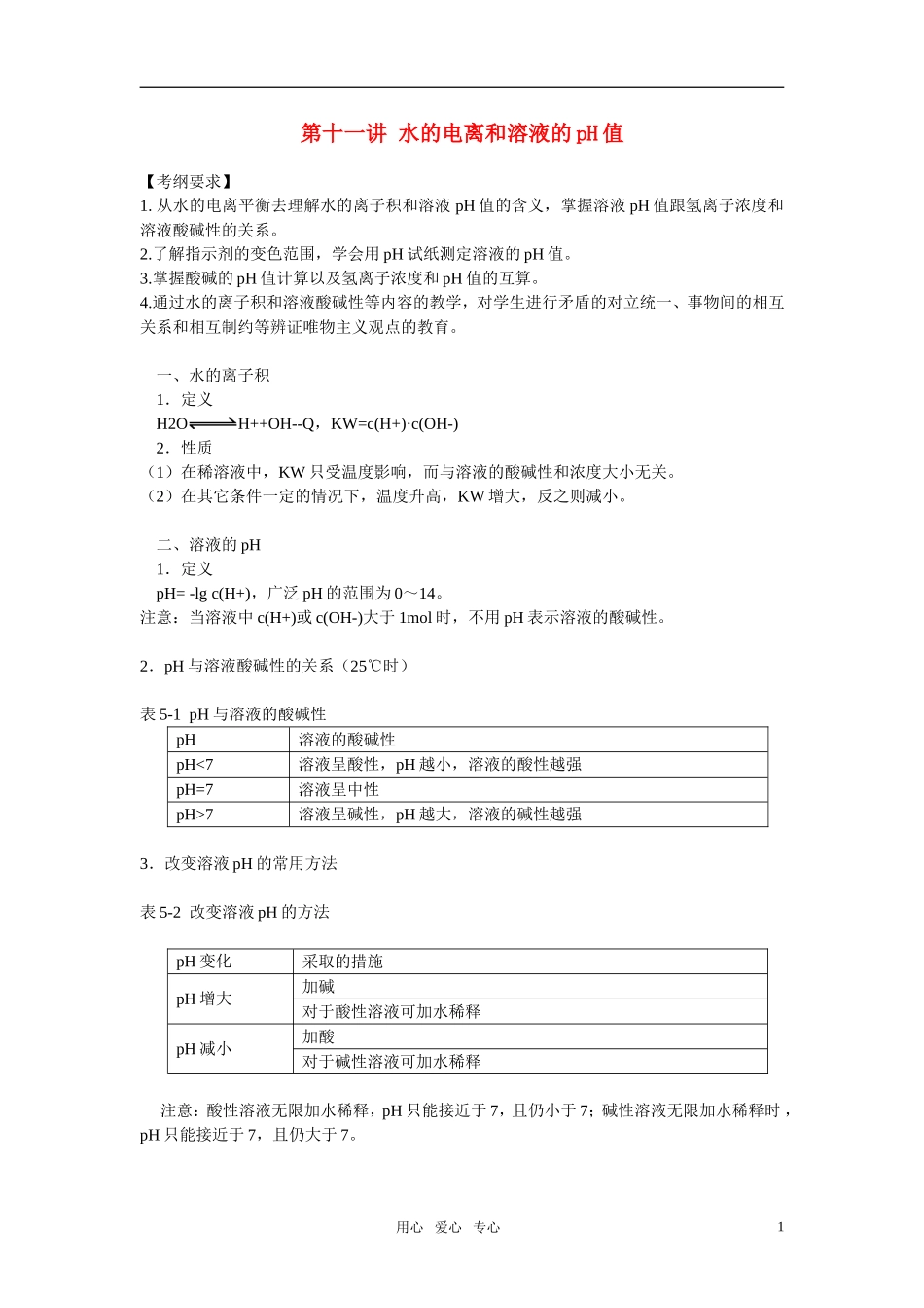 2011年高考化学一轮复习 水的电离和溶液的pH值精品教案 新人教版_第1页