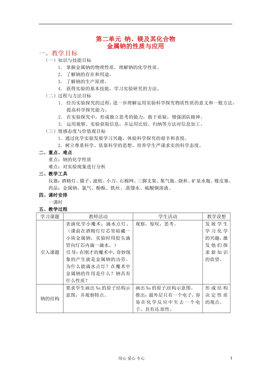 2012-2013学年高中化学 2.2.1《金属钠的性质与应用》教案2 苏教版必修1_第1页