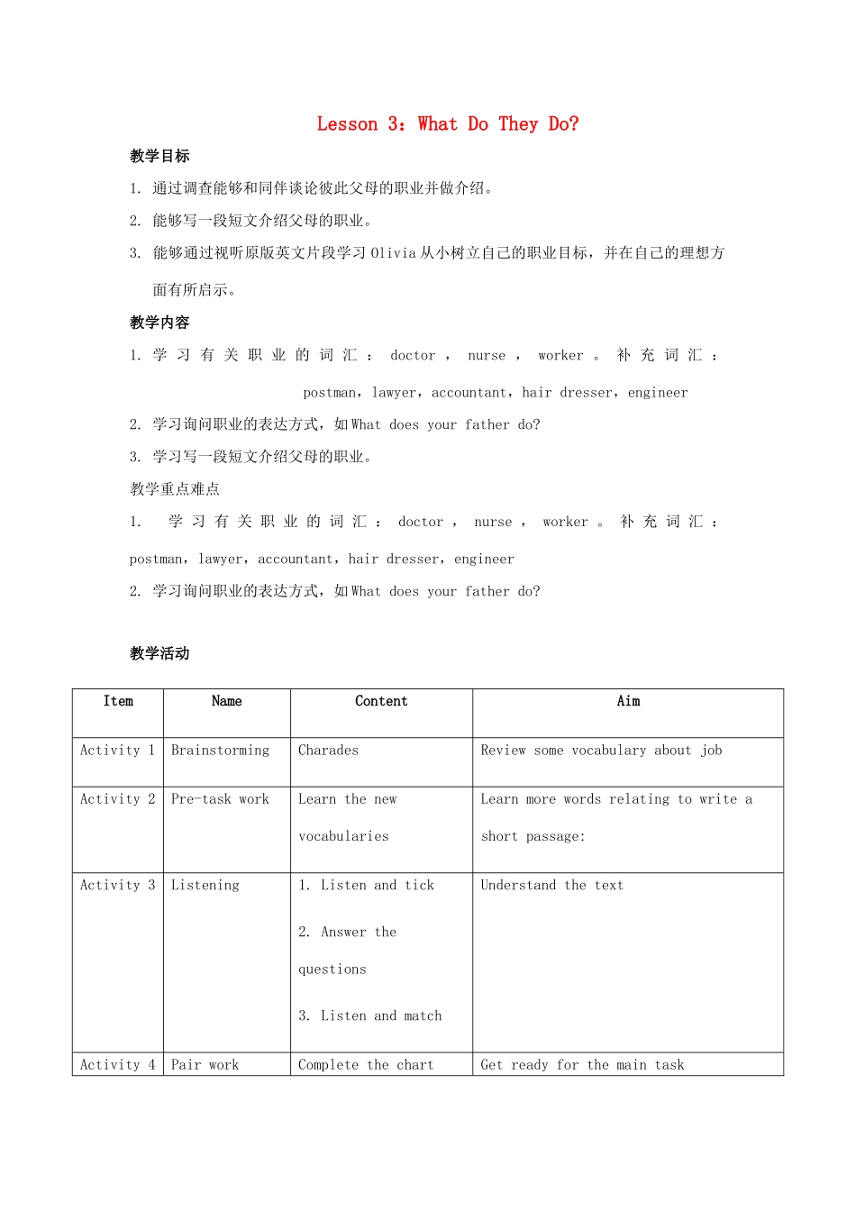 学年五年级英语上册 Unit 1 My family Lesson 3 What Do They Do教案设计 冀教版（三起）-冀教版小学五年级上册英语教案_第1页
