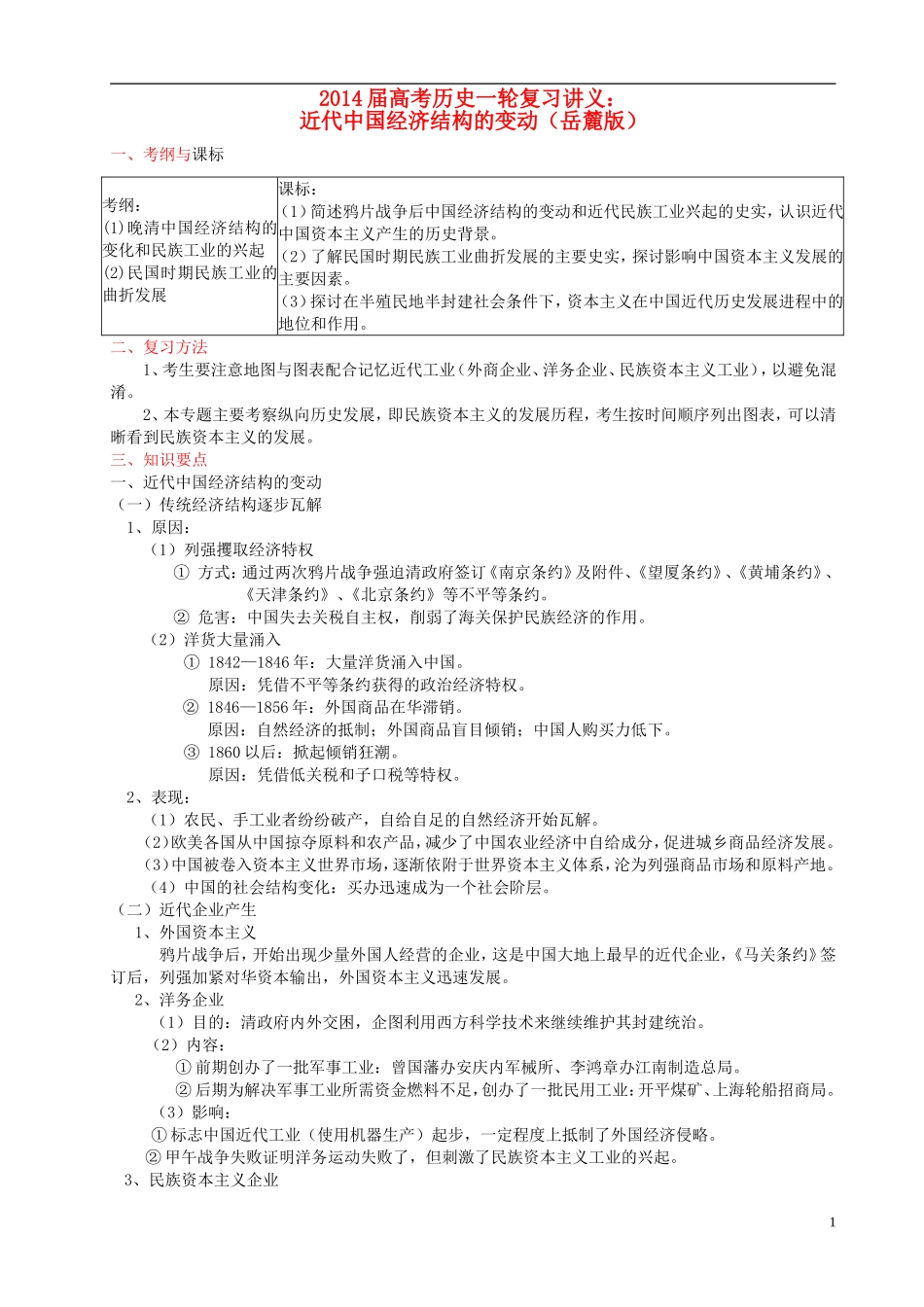 2014届高考历史一轮复习讲义 近代中国经济结构的变动 岳麓版_第1页