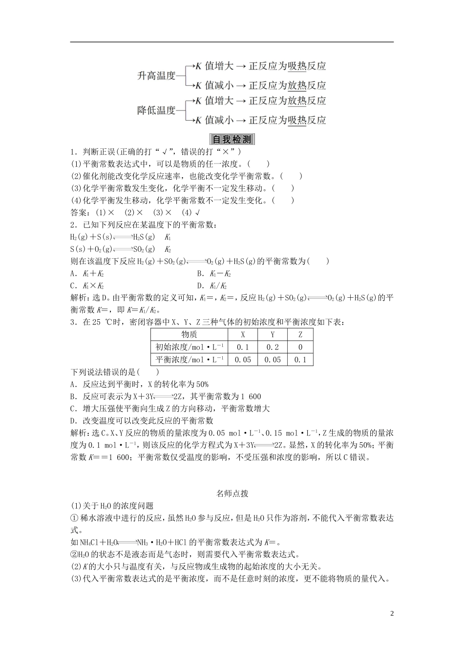 优化方案高考化学大一轮复习 第七章 化学反应速率与化学平衡 第三讲 化学平衡常数及反应进行的方向讲义-人教版高三全册化学教案_第2页