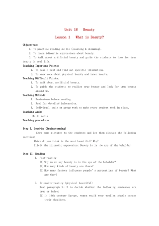 2012高中英语 Unit18 lesson1 what is beauty精品教案 北师大版选修6