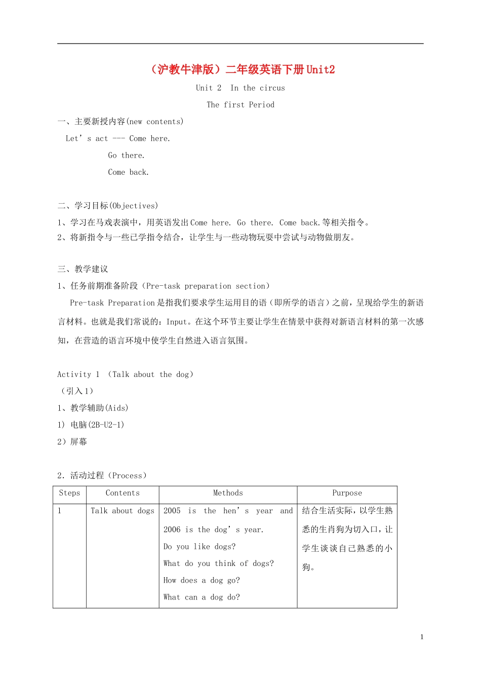 二年级英语下册 unit2 Lesson1教案 沪教牛津版_第1页