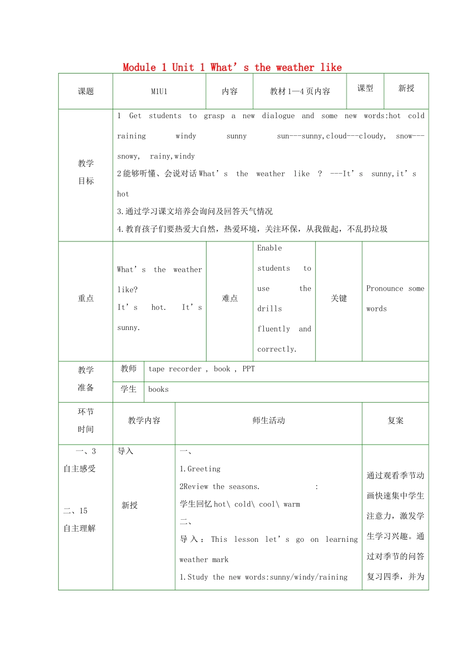 二年级英语下册 Module 1 Unit 1 What’s the weather like教案 外研版（一起）-外研版小学二年级下册英语教案_第1页