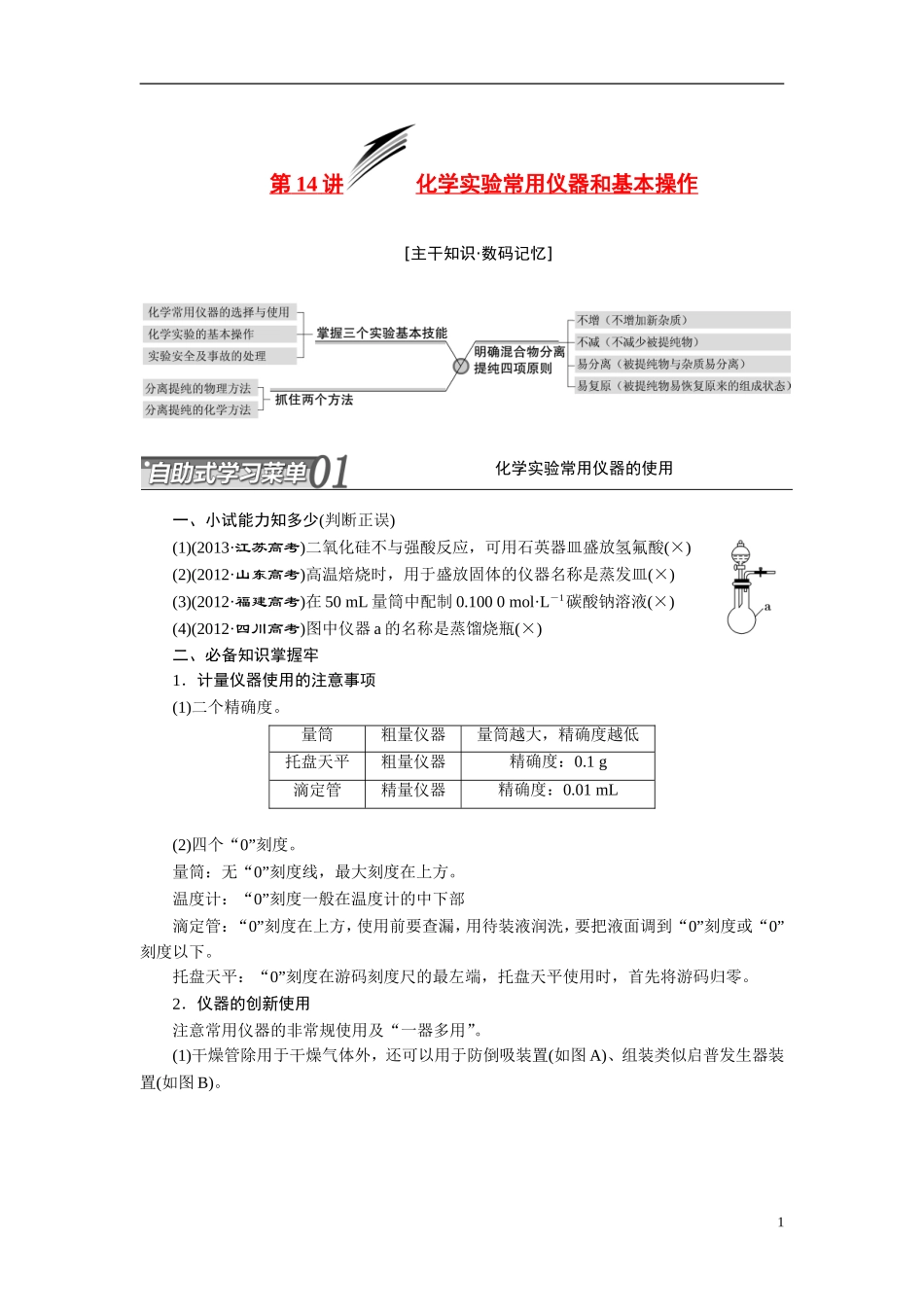 2014届高考化学二轮复习 专题十四化学实验常用仪器和基本操作专题讲义_第1页