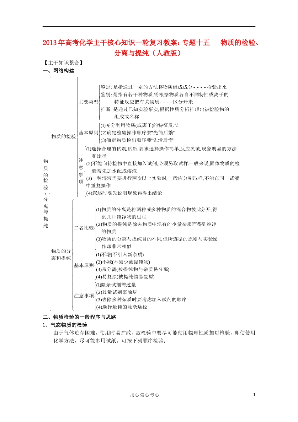 2013年高考化学主干核心知识一轮复习 专题十五 物质的检验、分离与提纯教案 新人教版_第1页