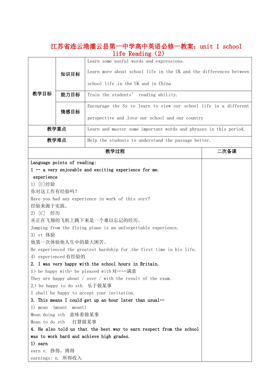 江苏省连云港灌云县第一中学高中英语 unit 1 school life Reading（2）教案 牛津版必修1_第1页