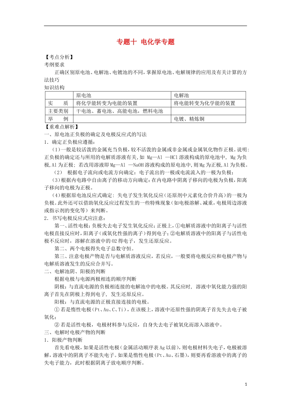2012届高考化学 专题十 电化学精品教案_第1页