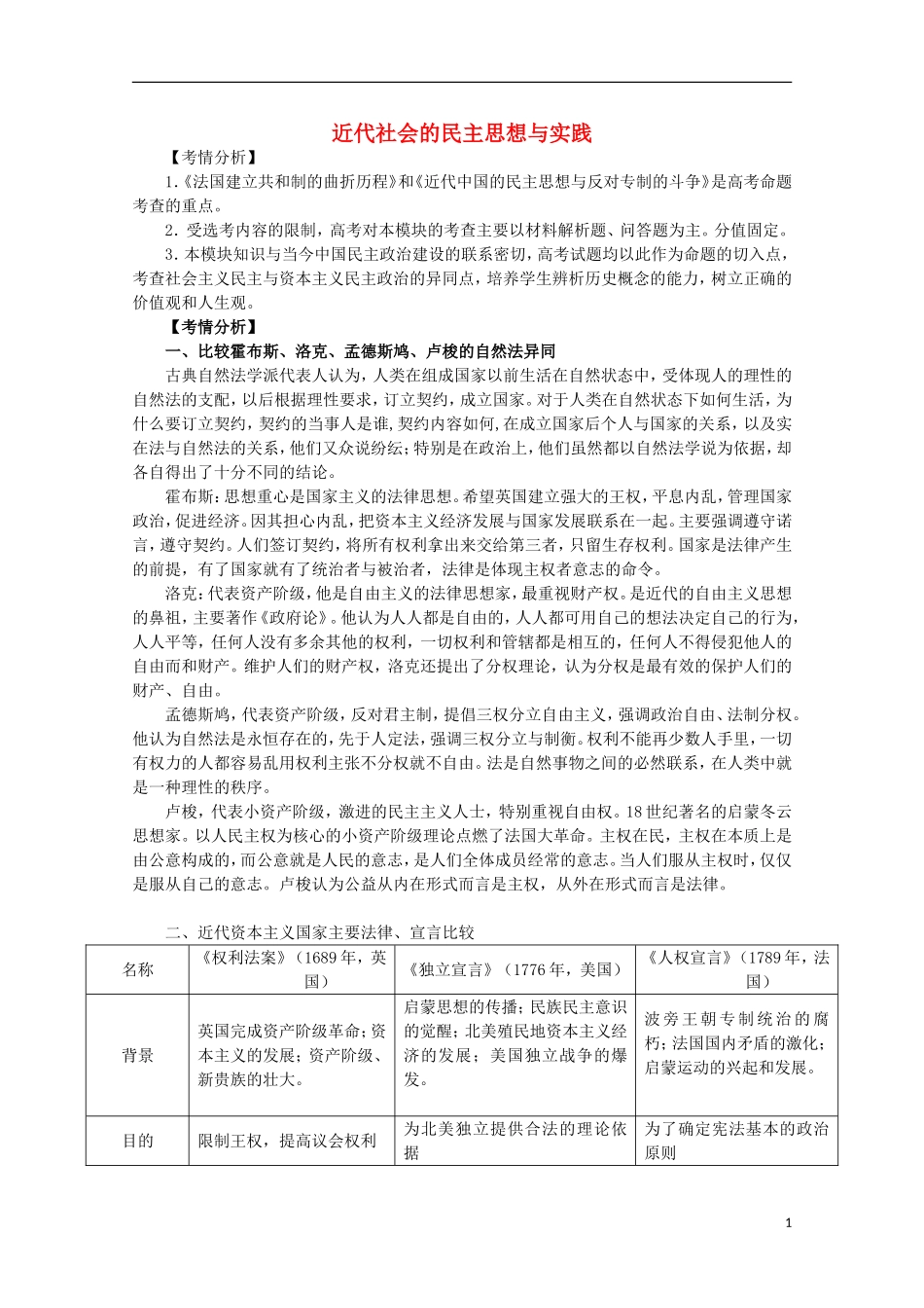 2013届高考历史二轮复习辅导 近代社会的民主思想与实践教案 人民版_第1页