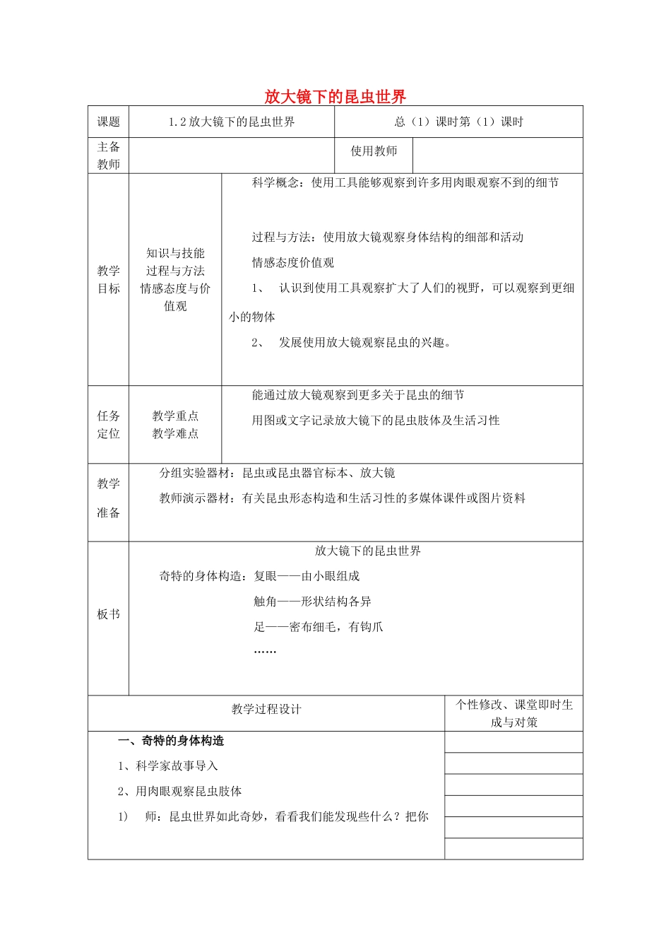 六年级科学下册 第一单元 微小世界 2 放大镜下的昆虫世界教案1 教科版-教科版小学六年级下册自然科学教案_第1页