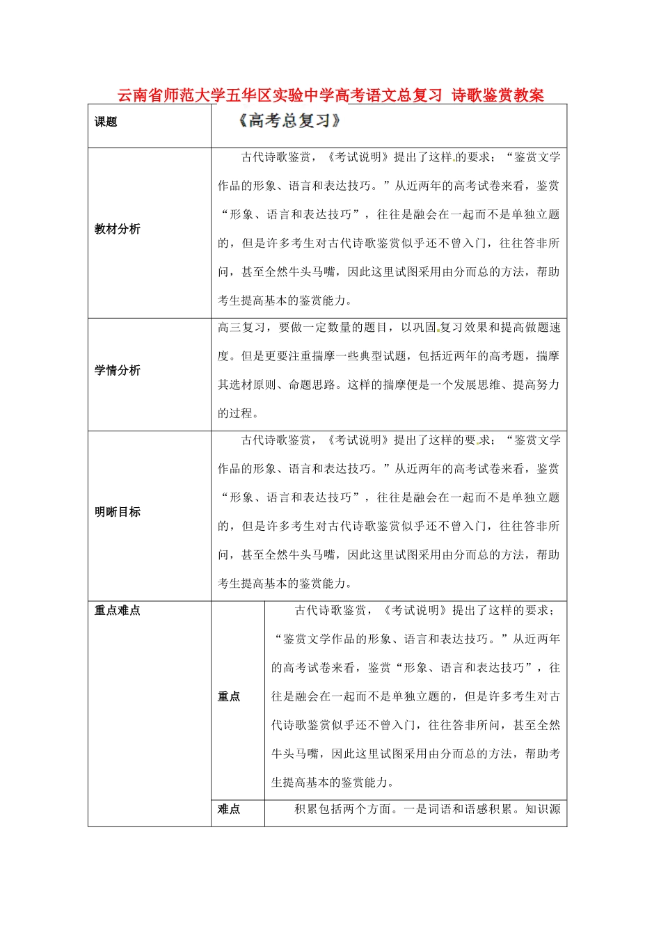 云南省师范大学五华区实验中学高考语文总复习 诗歌鉴赏教案_第1页
