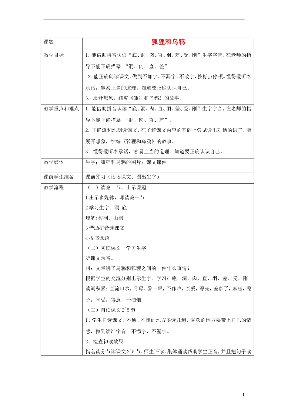 一年级语文下册 狐狸和乌鸦教案 沪教版_第1页
