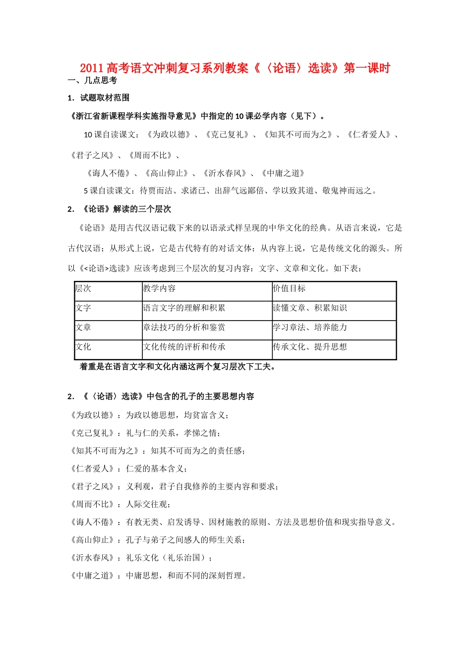 2011高考语文冲刺复习 《论语》第1课时系列教案_第1页