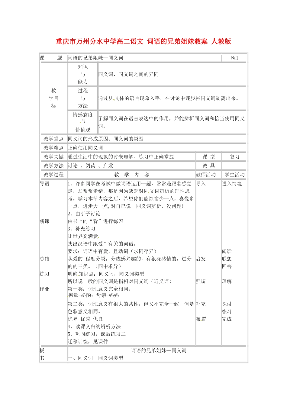 重庆市万州分水中学高二语文 词语的兄弟姐妹教案 人教版_第1页