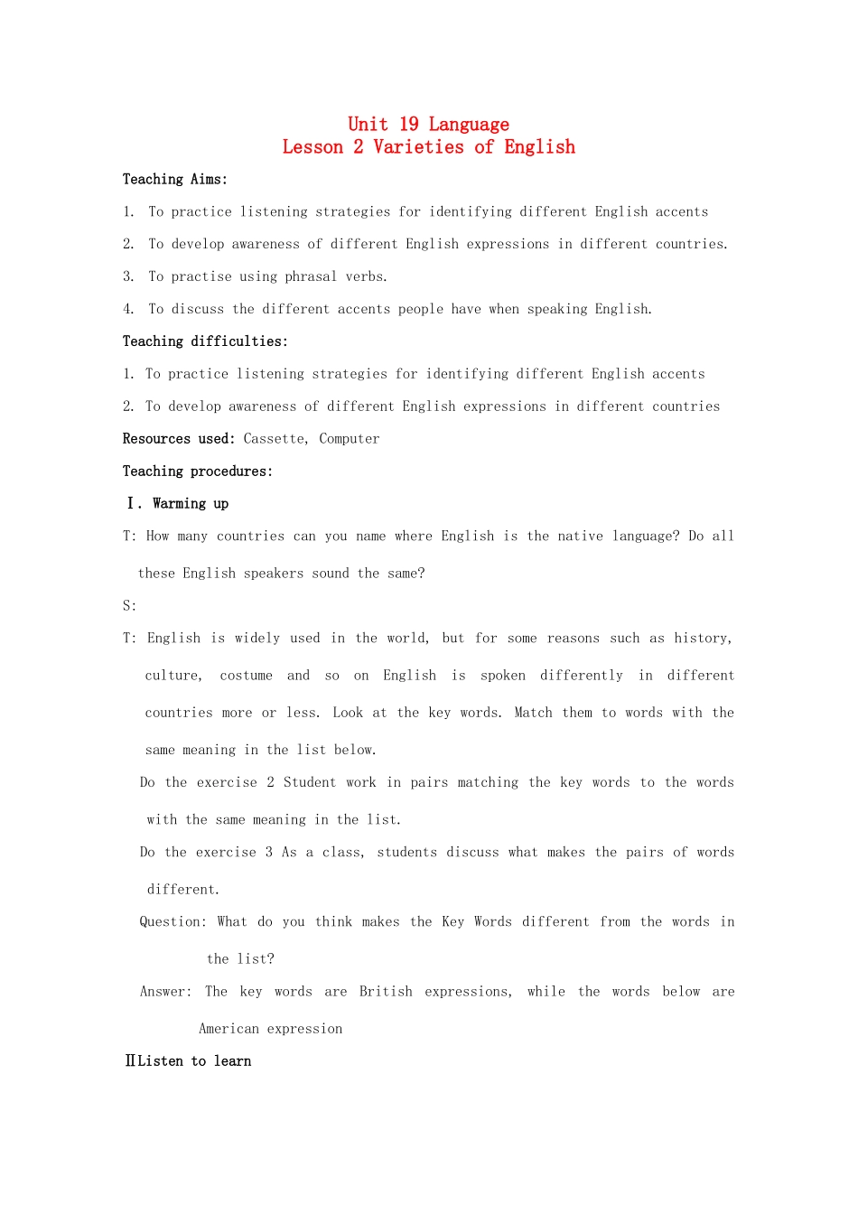 2012高中英语 Unit19 Lesson 2 Varieties of English （1）教案 北师大版选修7_第1页