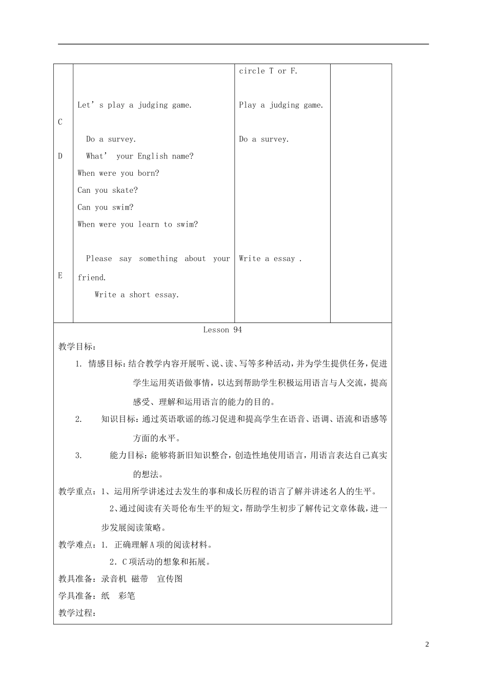 五年级英语下册 unit16 Lesson93-94教案 人教新起点_第2页