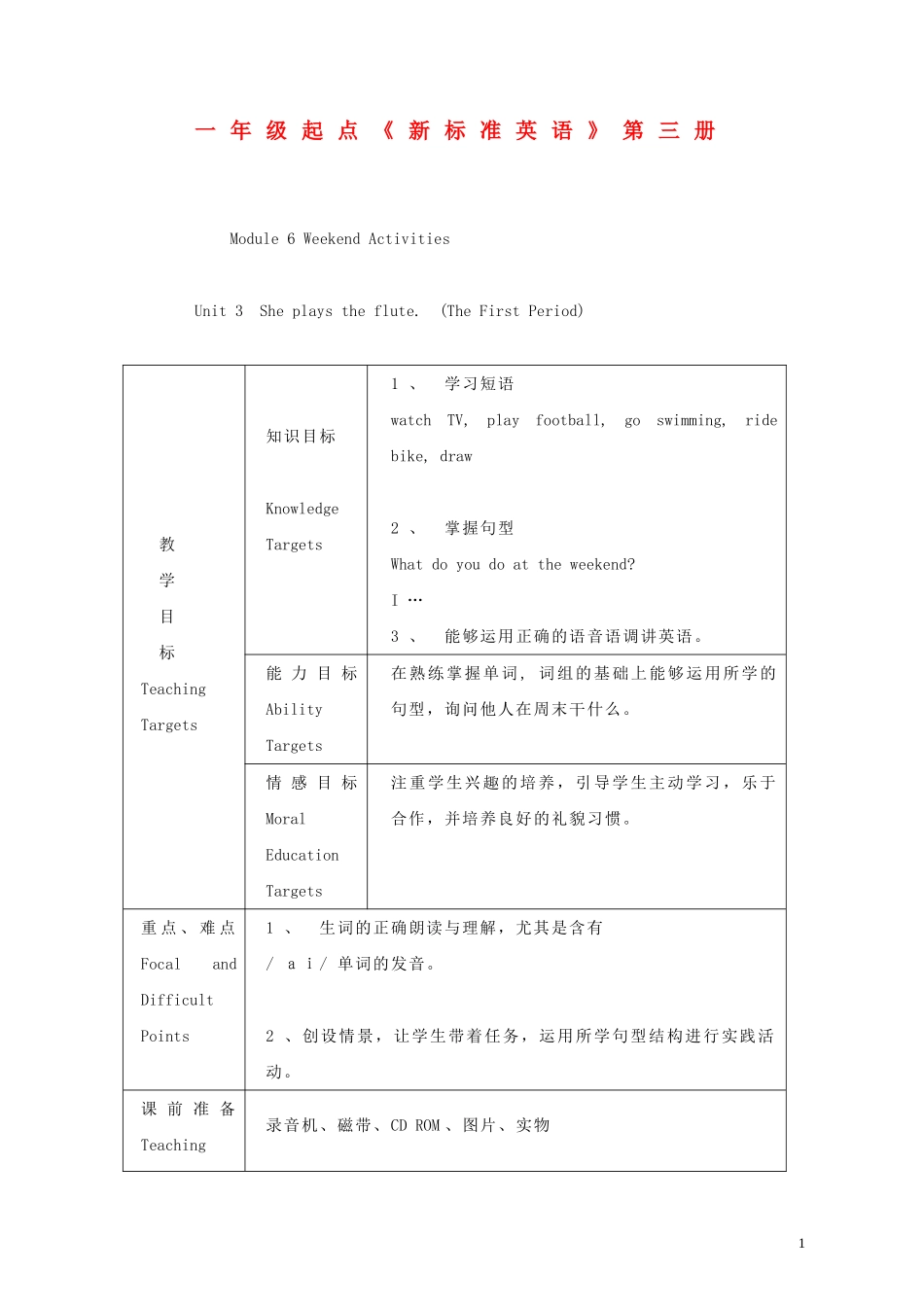 二年级英语 第三册M6she plays the flute教案 人教版_第1页