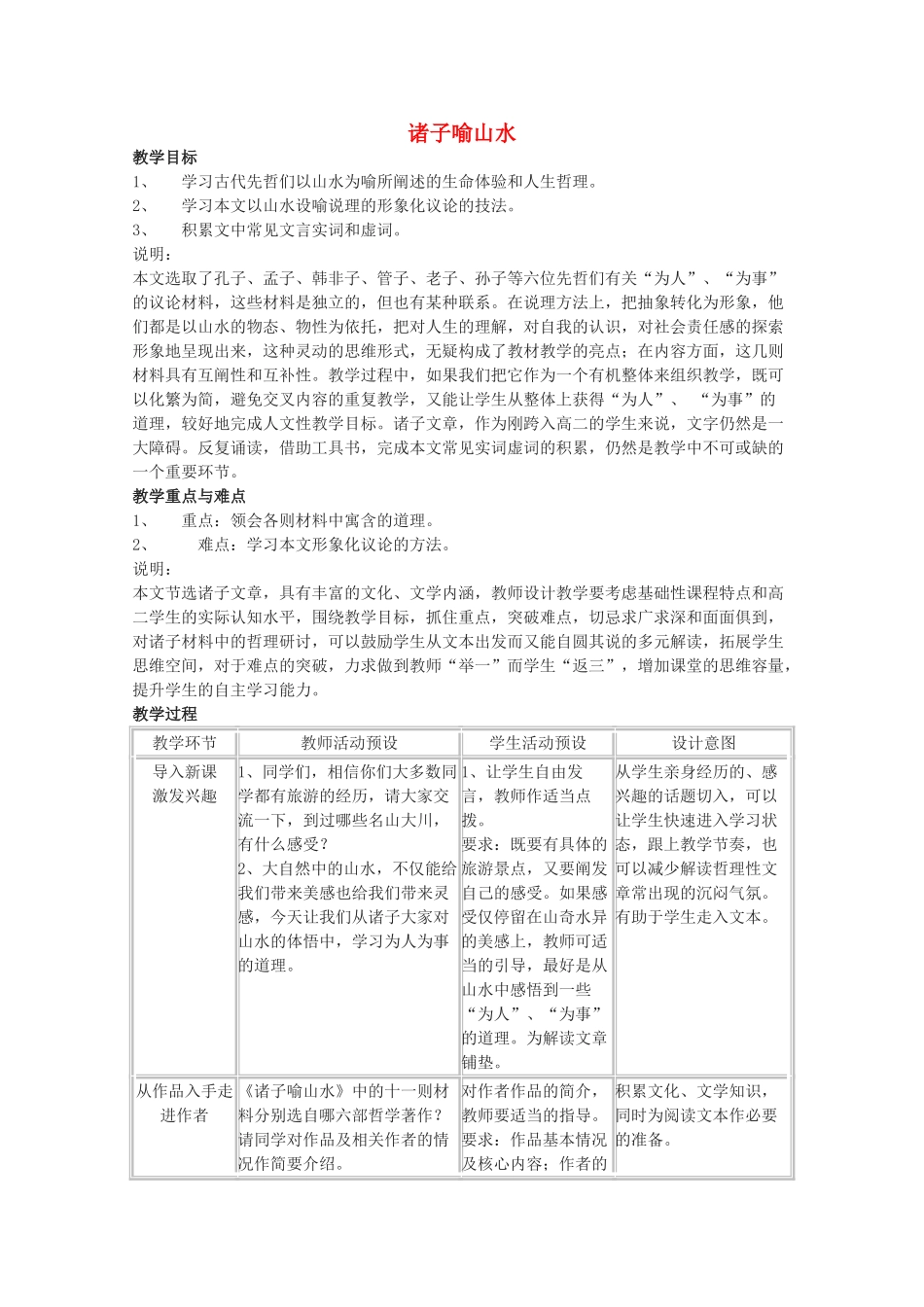 2011年高中语文 5.14《诸子喻山水》教案 沪教版必修3_第1页