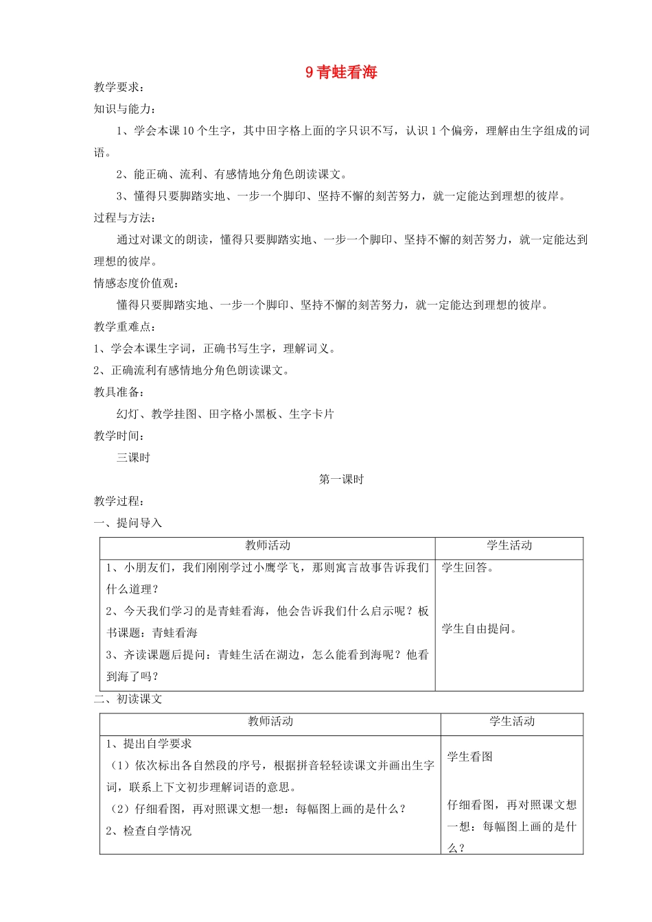 二年级语文上册 9 青蛙看海教案 苏教版-苏教版小学二年级上册语文教案_第1页
