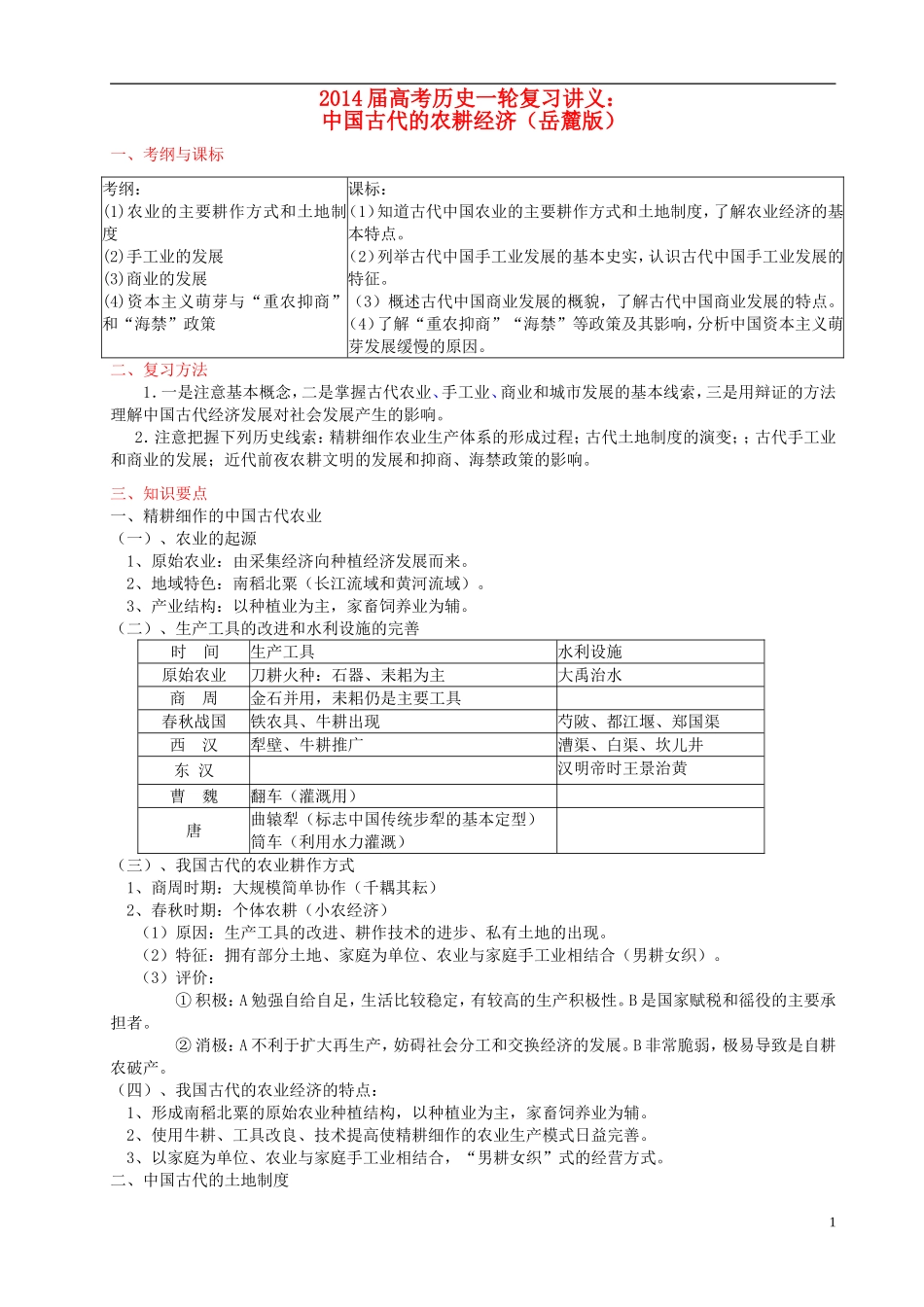 2014届高考历史一轮复习讲义 中国古代的农耕经济 岳麓版_第1页