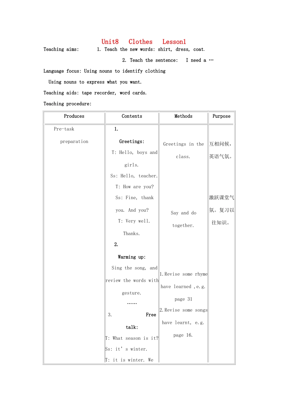 二年级英语上册 Unit8 Clothes教案 沪教牛津版_第1页