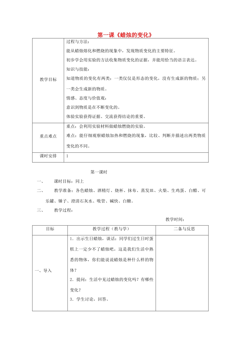六年级科学上册 第2单元 5 蜡烛的变化教案1 青岛版_第1页