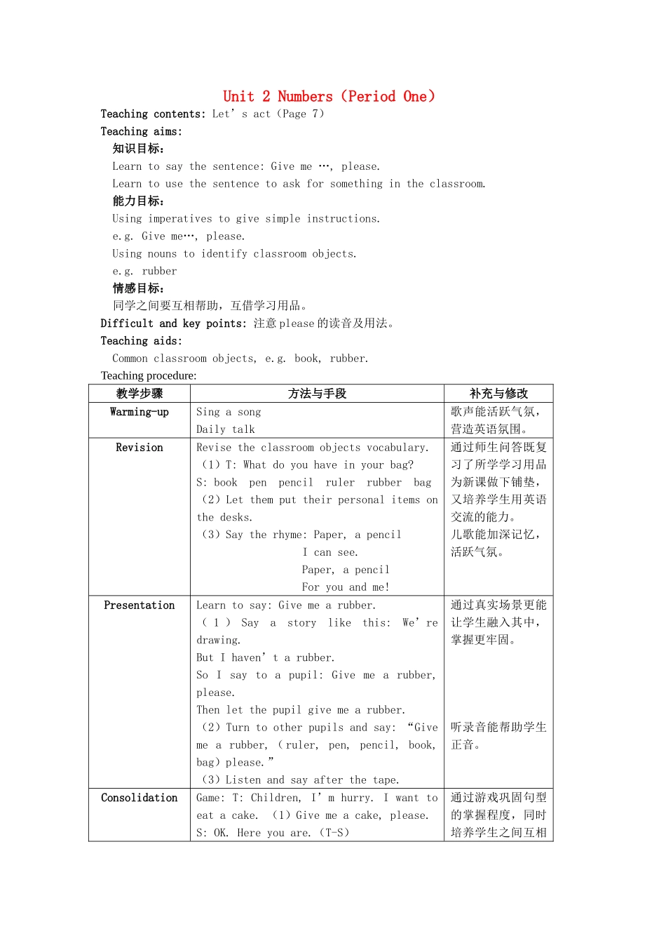 一年级英语上册 Unit 2 Numbers（Period 1）教案之一 沪教牛津版-沪教牛津版小学一年级上册英语教案_第1页