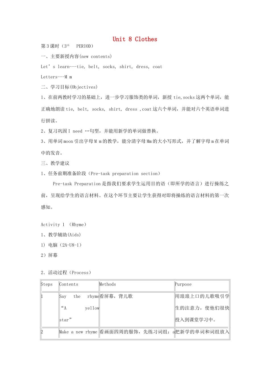 二年级英语上册 Unit 8 Clothes教案 沪教牛津版-沪教牛津版小学二年级上册英语教案_第1页