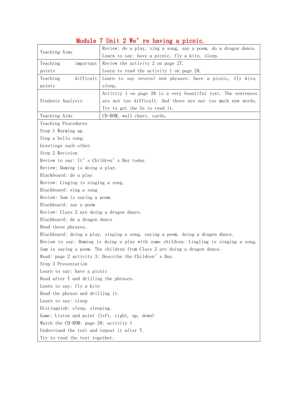 二年级英语下册 Module 7 Unit 2 We’re having a picnic教案设计 外研版（一起）-外研版小学二年级下册英语教案_第1页