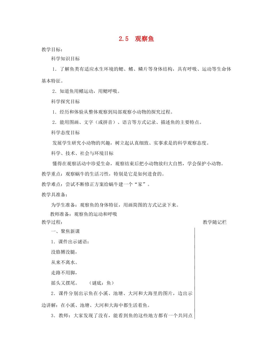 一年级科学下册 2.5《观察鱼》教案 教科版-教科版小学一年级下册自然科学教案_第1页